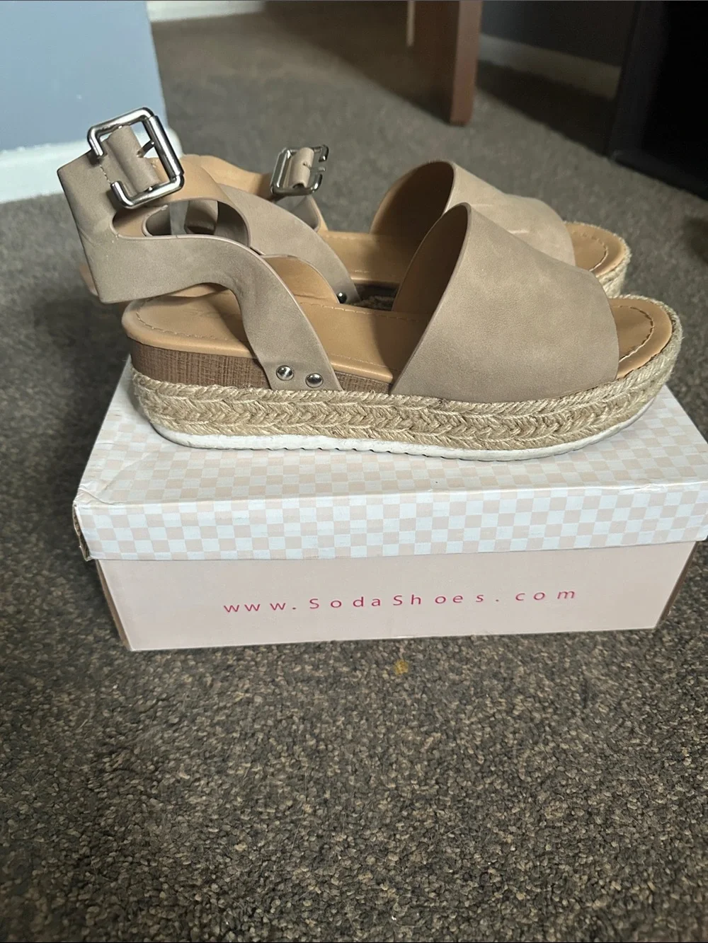 Soda Taupe Open-Toe Espadrille Wedge Sandals with Ankle Buckle